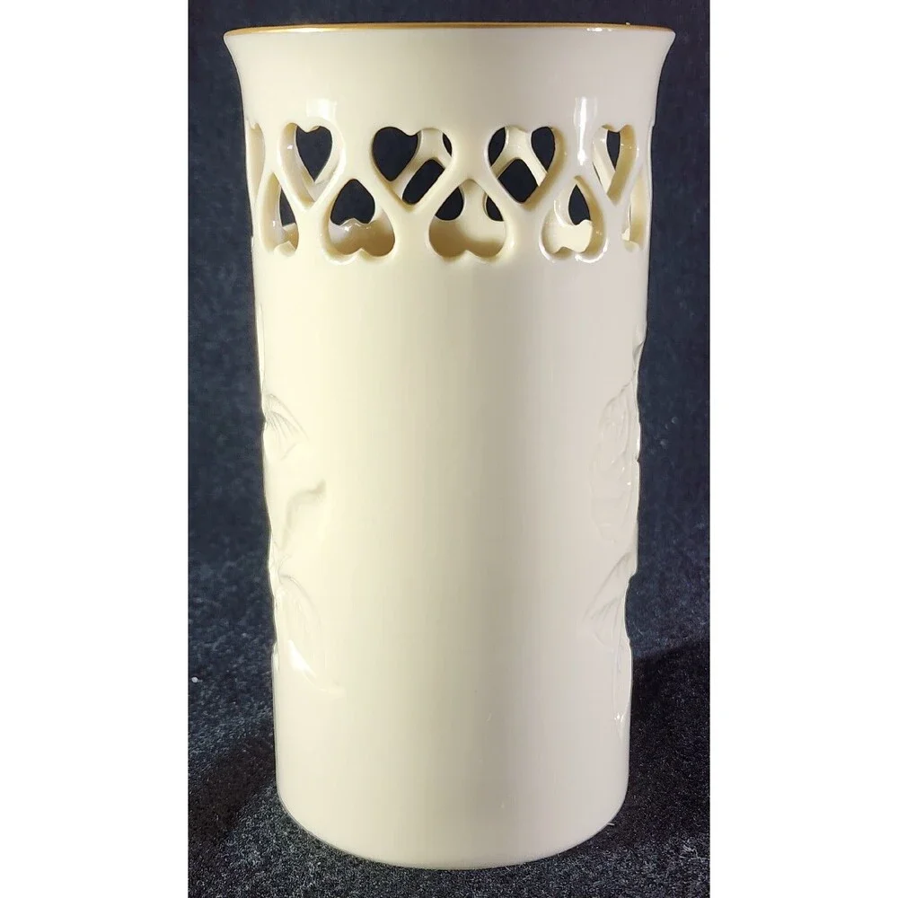Vintage ~ Lenox Intaglio Rose Pierced Hearts Vase with Gold trim/stamp. Made USA